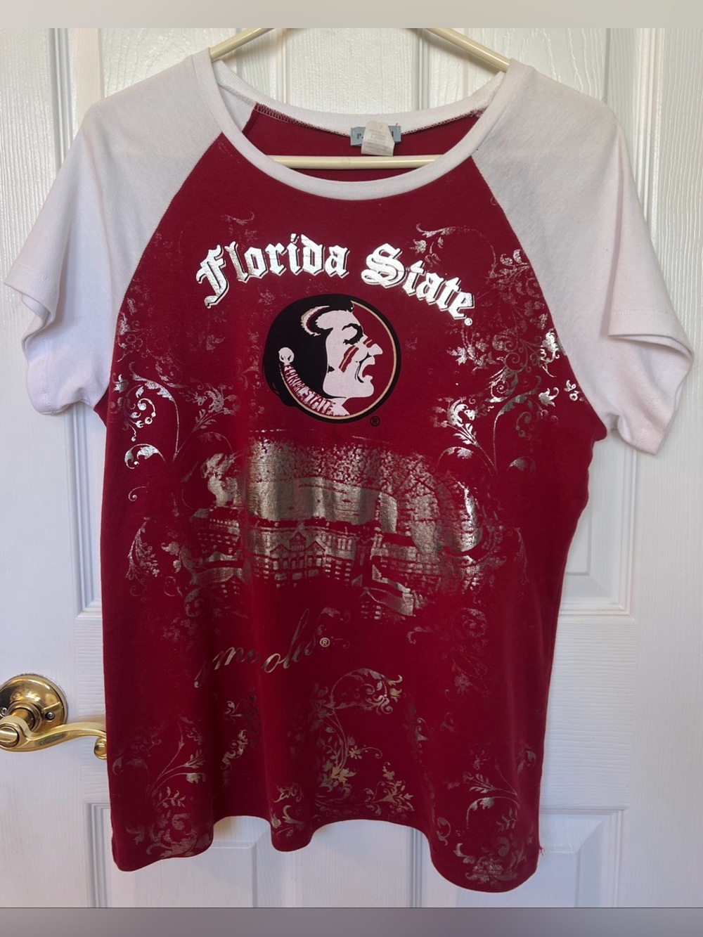 NWOT Women's Sz L Florida State University FSU Collegiate Silver Bling Top Shirt